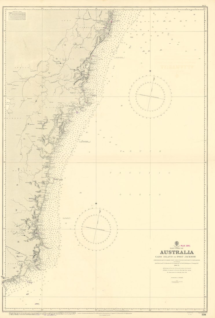 New South Wales coast to Sydney Australia ADMIRALTY chart 1888 (1955) old map: East Coast of Australia - Gabo Island to Port Jackson'. Surveyed by Captn. F.W. Sidney, Staff Comr. H.J. Stanley, & Navg. Lieut. J.T. Gowlland, R.N., assisted by Navg. Sub-Lieuts. J.G. Boulton & W.N. 