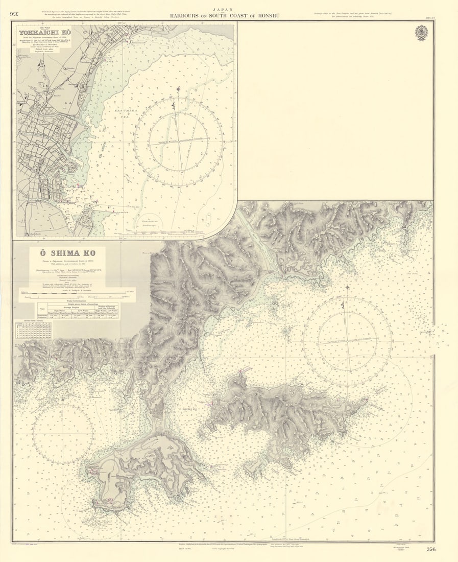 Honshu south coast ports Yokkaichi Ko O Shima Ko ADMIRALTY chart 1863 (1955) map: Japan - Harbours on South Coast of Honshu // Ise Wan - Yokkaichi Ko // O Shima Ko'. From a Japanese Government Survey, 1900 with additions and corrections to 1953. Ise Wan Yokkaichi Kō from the