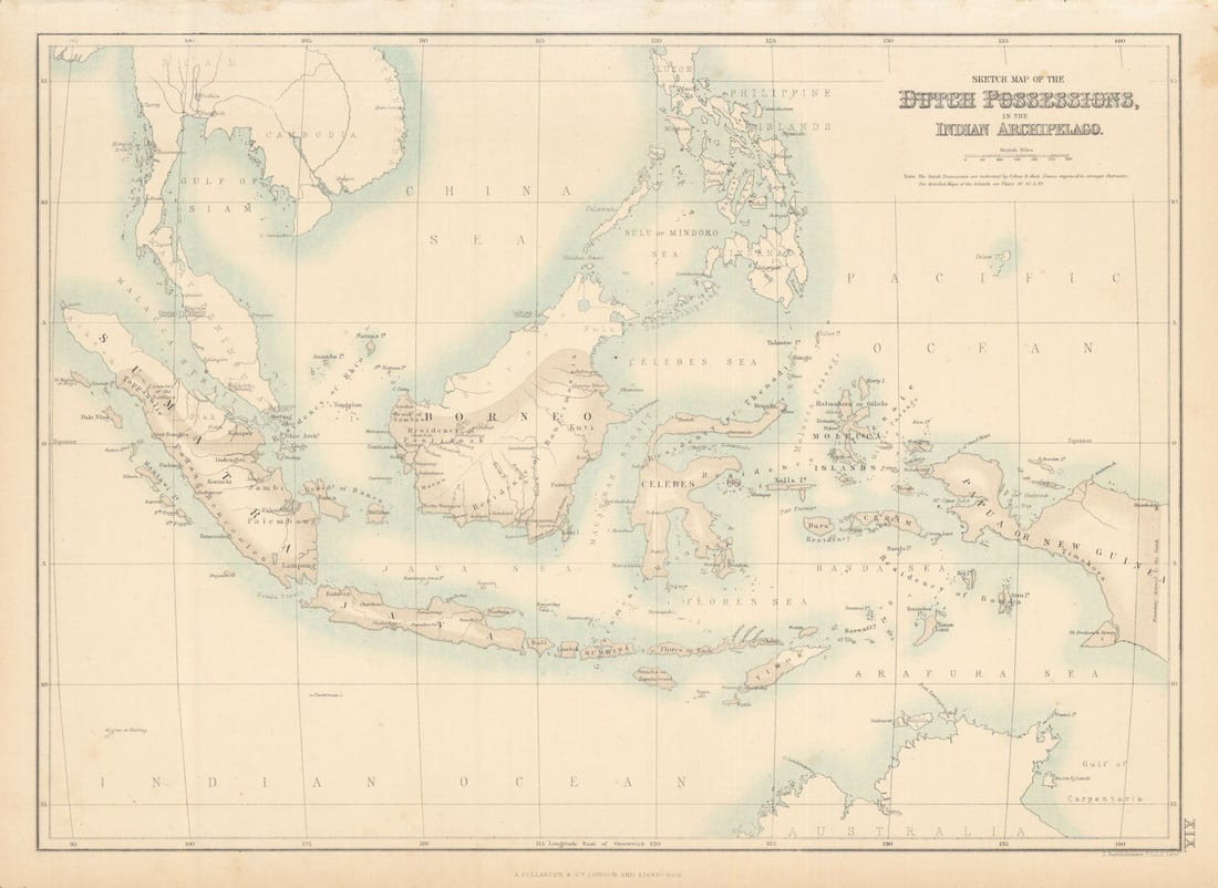 Sketch Map of the Dutch Possessions in the Indian Archipelago. Indonesia c1863: Sketch Map of the Dutch Possessions in the Indian Archipelago'. From an undated atlas for which the internal evidence of publication date is inconsistent: the maps appear to have been engraved at