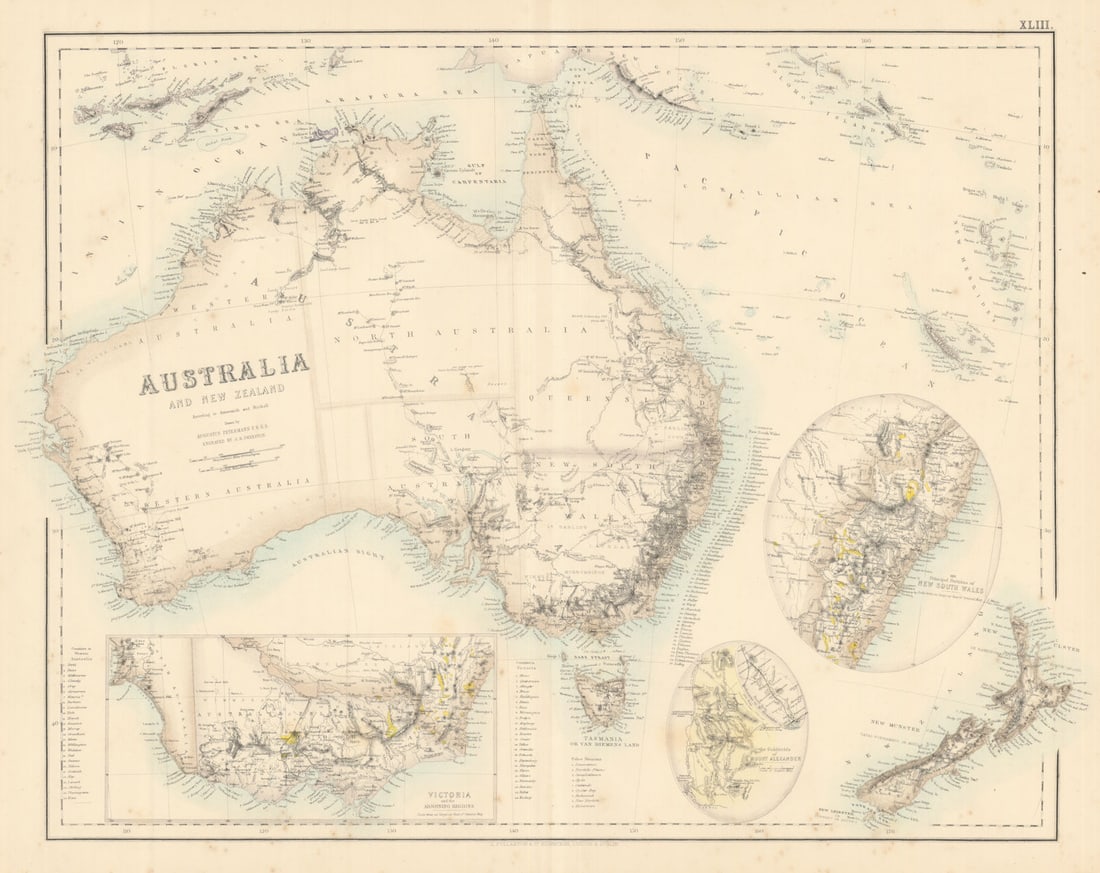 Australia & New Zealand. Victoria & New South Wales. FULLARTON c1863 old map: Australia and New Zealand'. From an undated atlas for which the internal evidence of publication date is inconsistent: the maps appear to have been engraved at different times between 1860 & 1866