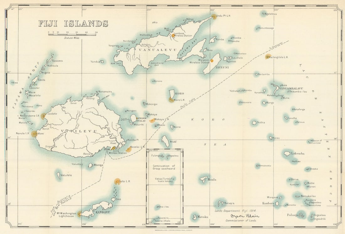 Fiji Islands showing wireless stations/lighthouses. Dyson Blair 1914 (1919) map: Fiji Islands'. Dyson Blair, Commissioner of Lands. Printed by Waterlow & Sons Ltd., London Wall, London. Published Dated 1914. Published 1919. Antique colour map. Size 26 x 39 cm | 10.0 x 15.0 inches.
