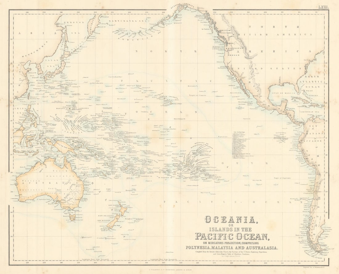 Oceania or Islands in the Pacific Ocean. Polynesia Melanesia FULLARTON c1863 map: Oceania or Islands in the Pacific Ocean, on Mercatorâ€™s Projection, Comprising Polynesia, Malaysia and Australasia Compiled from the British Admiralty Charts, the Survey of the