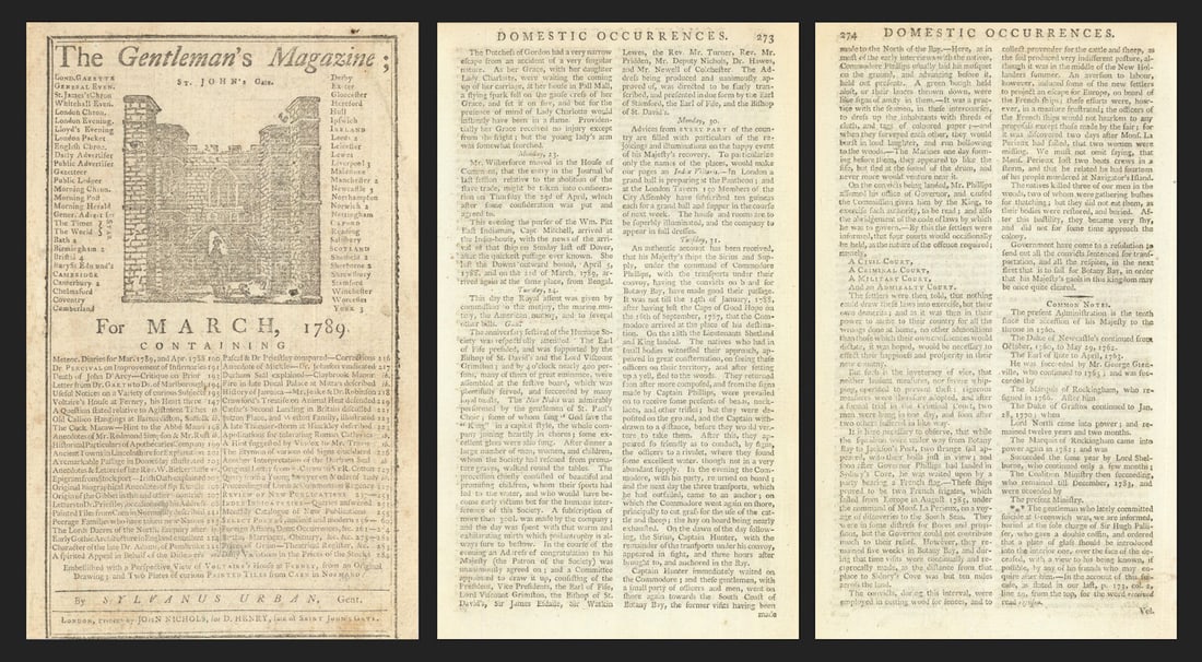Report of the First Fleet of colonists' arrival at Botany Bay, Australia 1789: [Contemporary first hand report of the arrival of the First Fleet of colonists, including convicts, at Botany Bay, Australia, in January 1788, published in the Gentleman's Magazine in March 1789]. A