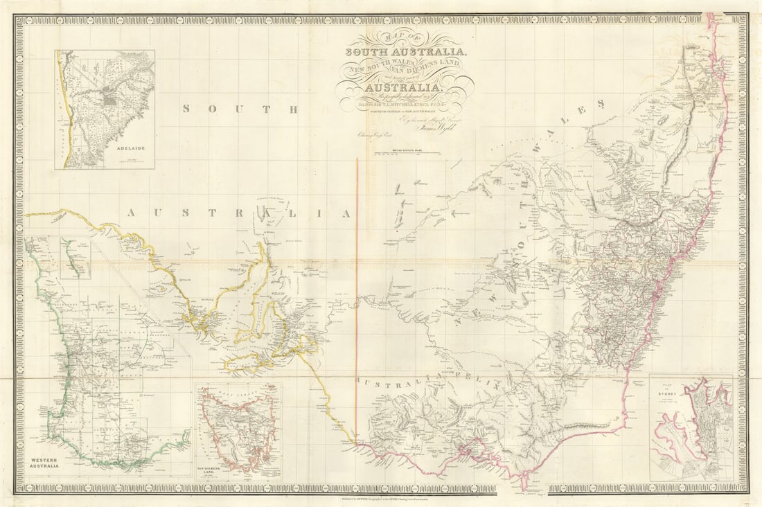 Map of South Australia, New South Wales, Van Diemen’s Land… James Wyld 1843: Map of South Australia, New South Wales, Van Diemen’s Land and settled parts of Australia. Respectfully dedicated to Major Sir T. L. Mitchell, F.G.S. &c., Surveyor General of New South Wales