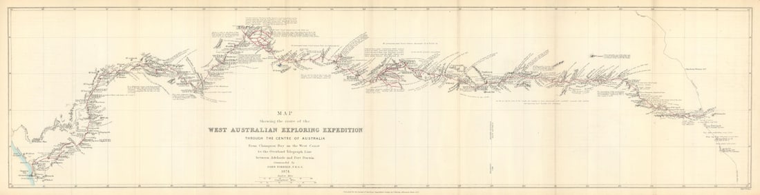 West Australian Exploring Expedition. John Forrest route. RGS 1875 old map: Map showing the route of the West Australian Exploring Expedition through the centre of Australia from Champion Bay on the West Coast to the Overland Telegraph Line between Adelaide and Port Darwin