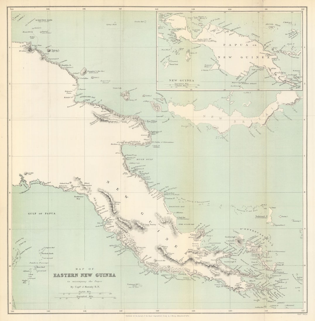 Eastern New Guinea by Capt John Moresby. Papua New Guinea. RGS 1875 old map (1 of 1)