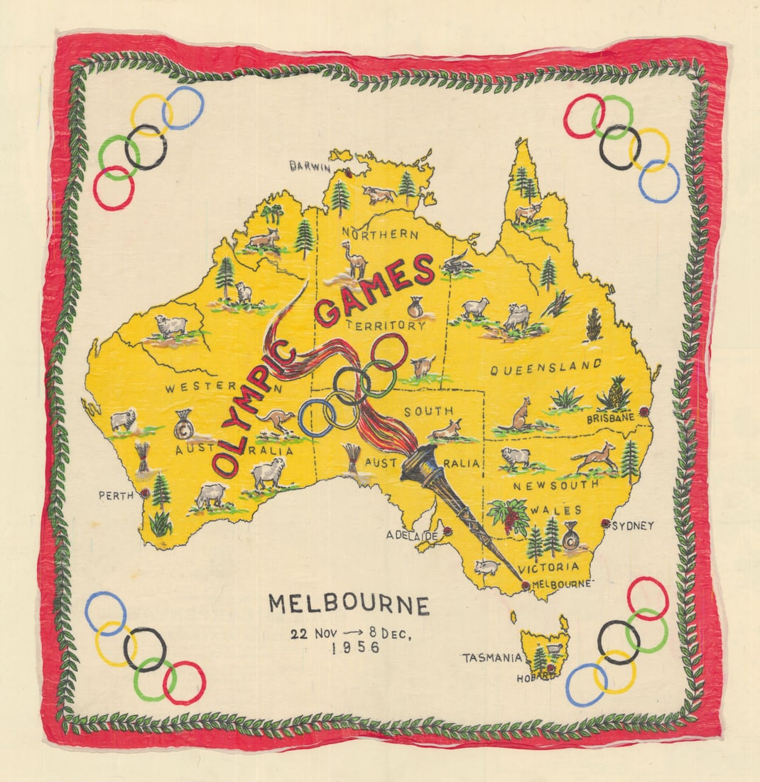 Olympic Games Melbourne 22 Nov–8 Dec 1956. Commemorative silk fabric map 1956 (1 of 1)