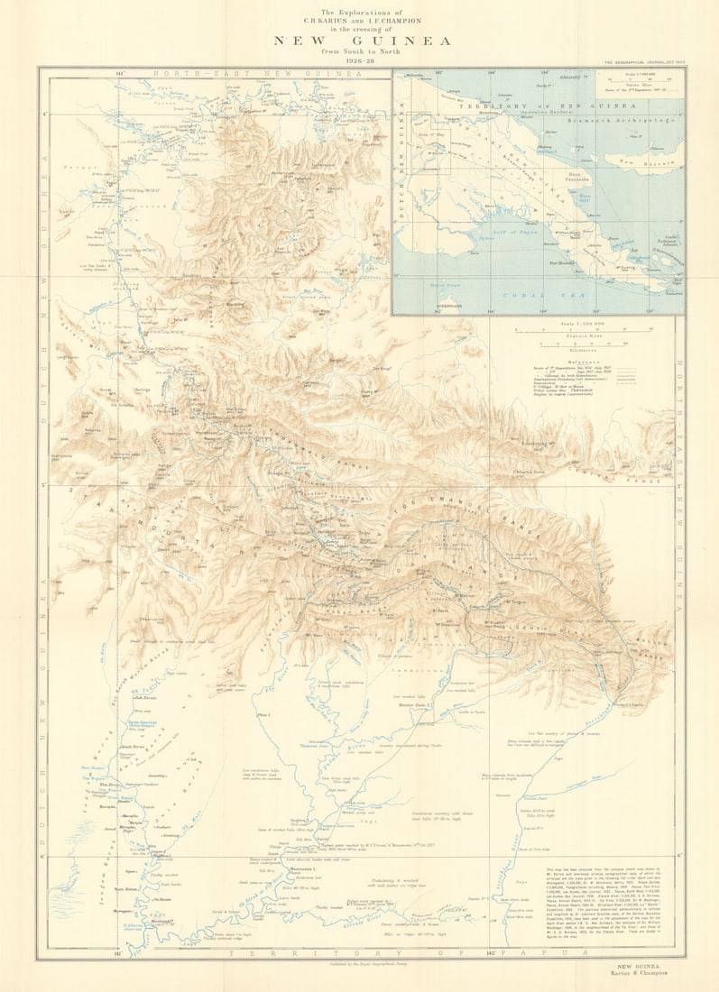 Karius & Champion's crossing of New Guinea 1926-8 South to North. RGS 1929 map: The Explorations of C. H. Karius and I. F. Champion in the Crossing of New Guinea from South to North, 1926–28'. A major exploration map charting the first successful south–north crossing