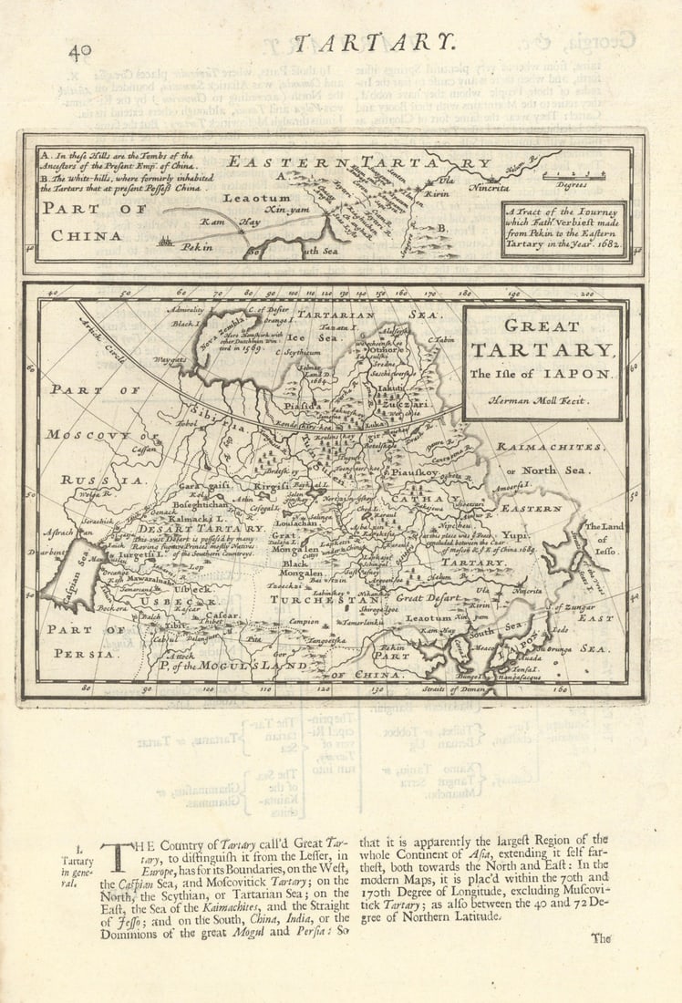 Great Tartary, the Isle of Iapon by Herman Moll. Central Asia & Japan 1701 map: Great Tartary, the Isle of Iapon // A tract of the journey which Father Verbiest made from Pekin to the Eastern Tartary in the year 1682' by Moll, Herman. Published 1701. Antique copperplate map.
