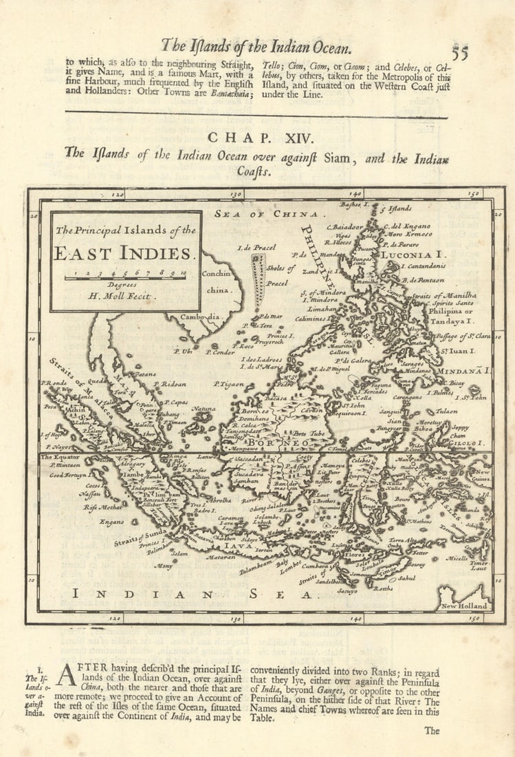 The Principal Islands of the East Indies. Indonesia & Philippines. MOLL 1701 map: The Principal Islands of the East Indies'. The "S[trait] of Sincopora" (Singapore Strait) is marked by Moll, Herman. Published 1701. Antique copperplate map. Size 30 x 20 cm | 11.5 x 7.5 inches.