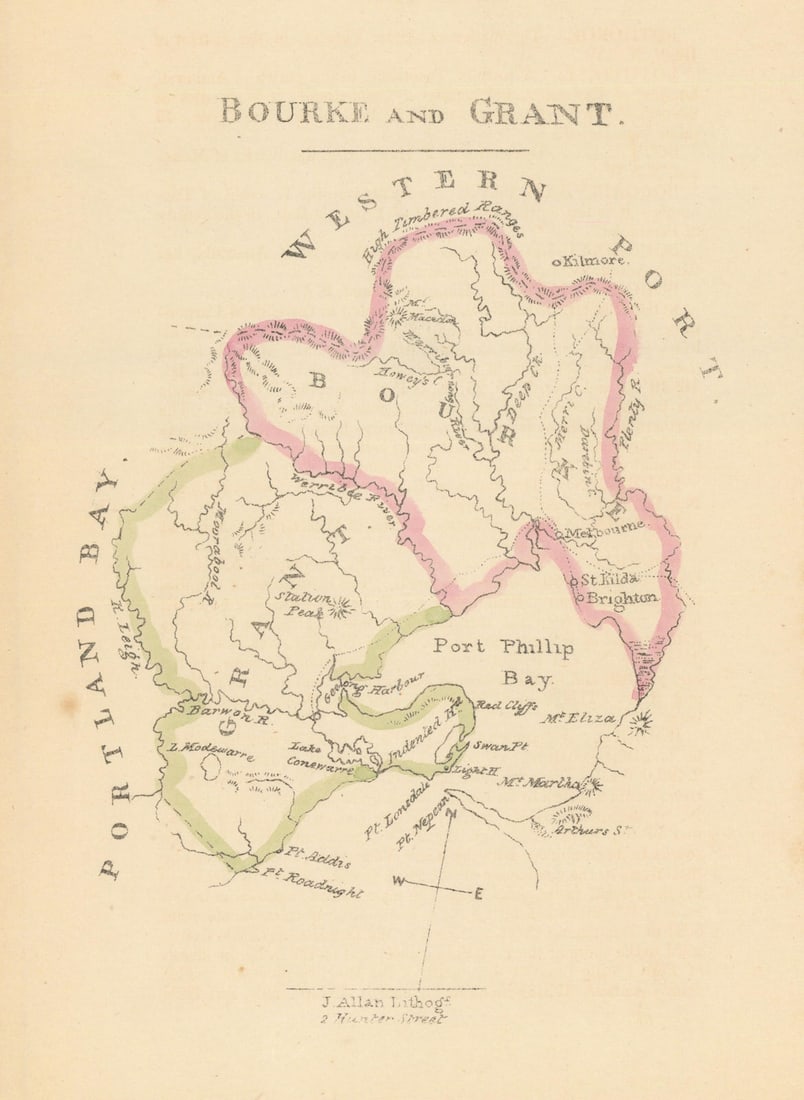 Bourke and Grant county/cadastral map—Melbourne—William Wells/John Allan 1848: Bourke and Grant'. Originally published as part of one of the earliest series of Australian county maps. . Map compiled by William Henry Wells. Printed by J. Allan Lith., 2 Hunter Street. Published