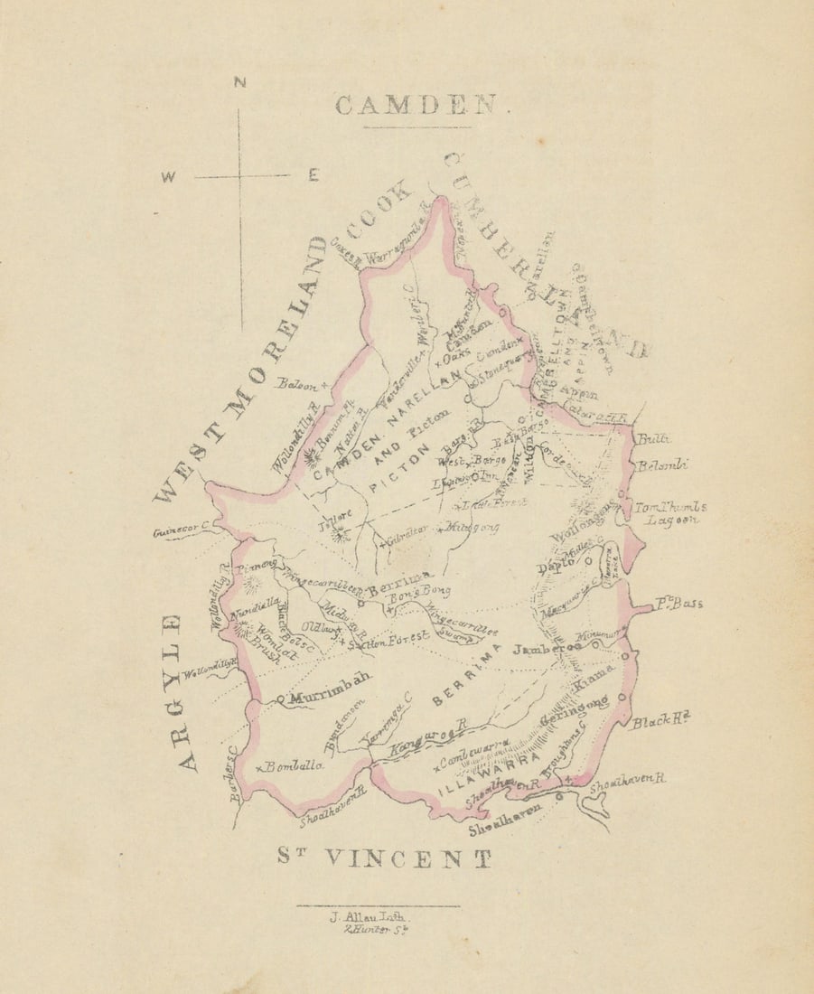 Camden county/cadastral map—Wollongong—Wells/Allan 1848 old antique chart: Camden'. Originally published as part of one of the earliest series of Australian county maps. . Map compiled by William Henry Wells. Printed by J. Allan Lith., 2 Hunter Street. Published 1848.