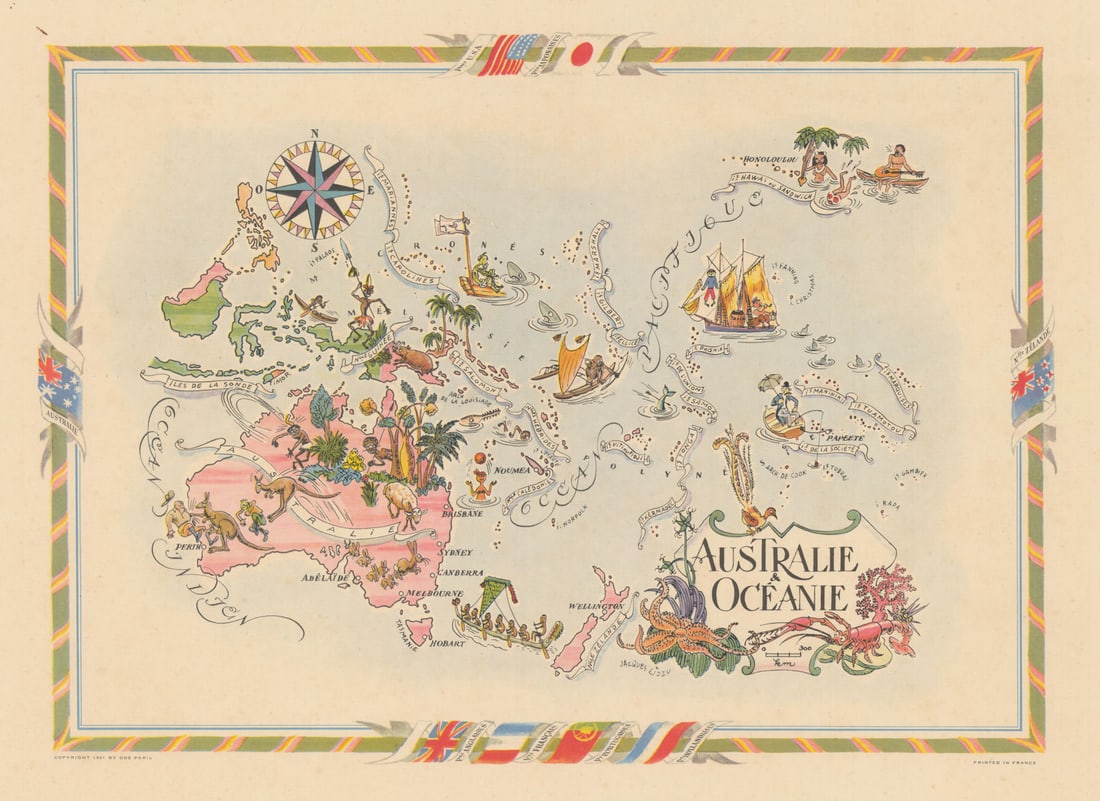 Australie—Océanie—Pictorial map of Australia & Oceania by Jacques Liozu 1951 (1 of 1)