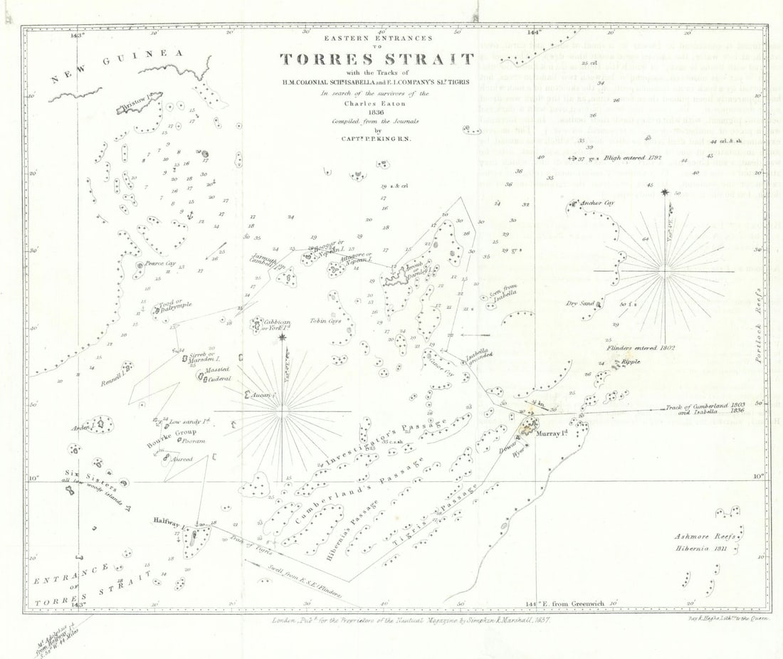 Eastern Entrances to Torres Strait—Philip Parker King—Survivors search 1837 map: Eastern Entrances to Torres Strait with the Tracks of H.M Colonial, Schooner Isabella and East India Company's Sloop Tigris in search of the survivors of the Charles Eaton 1836, compiled from the
