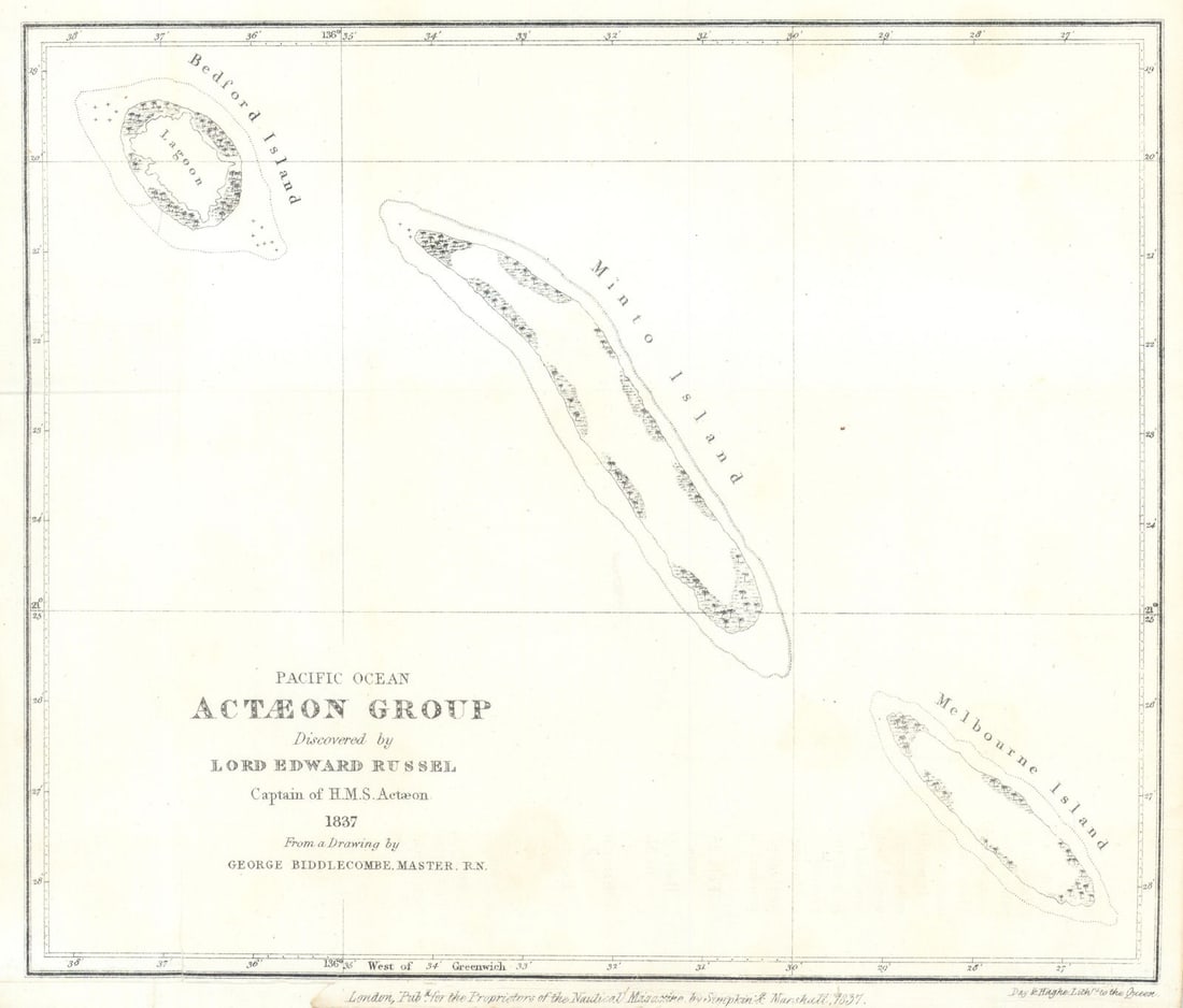 Actaeon/Acteon Group discovered by Lord Edward Russell—French Polynesia 1838 map: Pacific Ocean—Actæon Group—Discovered by Lord Edward Russell'. The atolls shown - named Bedford, Minto and Melbourne Island - are today named Vahanga or Vahaga, Minto or Tenaruga and 