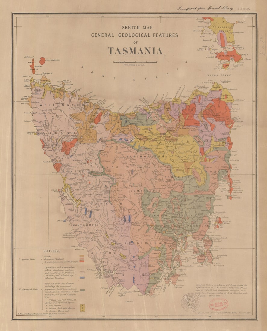 Sketch map—General geological features of Tasmania—Sprent/Lands Department 1885 (1 of 1)