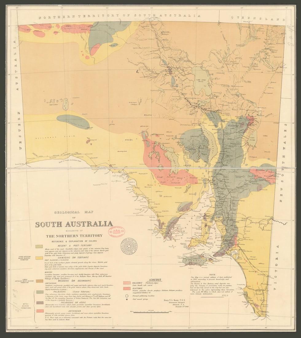 Geological map of South Australia exclusive… Northern Territory—Henry Brown 1886: Geological map of South Australia exclusive of the Northern Territory' by Brown, Henry Y. L. Published December 31st 1886. Antique colour geological map. Size 61 x 54 cm | 24.0 x 21.5 inches.