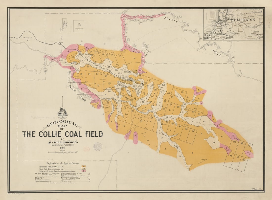 Geological map of the Collie coal field—Western Australia 1898 old antique: Geological map of the Collie coal field'. A. Gibb Maitland, Government Geologist. R.H. Irwin delin. Published 28 December 1898 [dated]. Antique colour geological map. Size 71 x 97 cm | 28.0 x 38.0