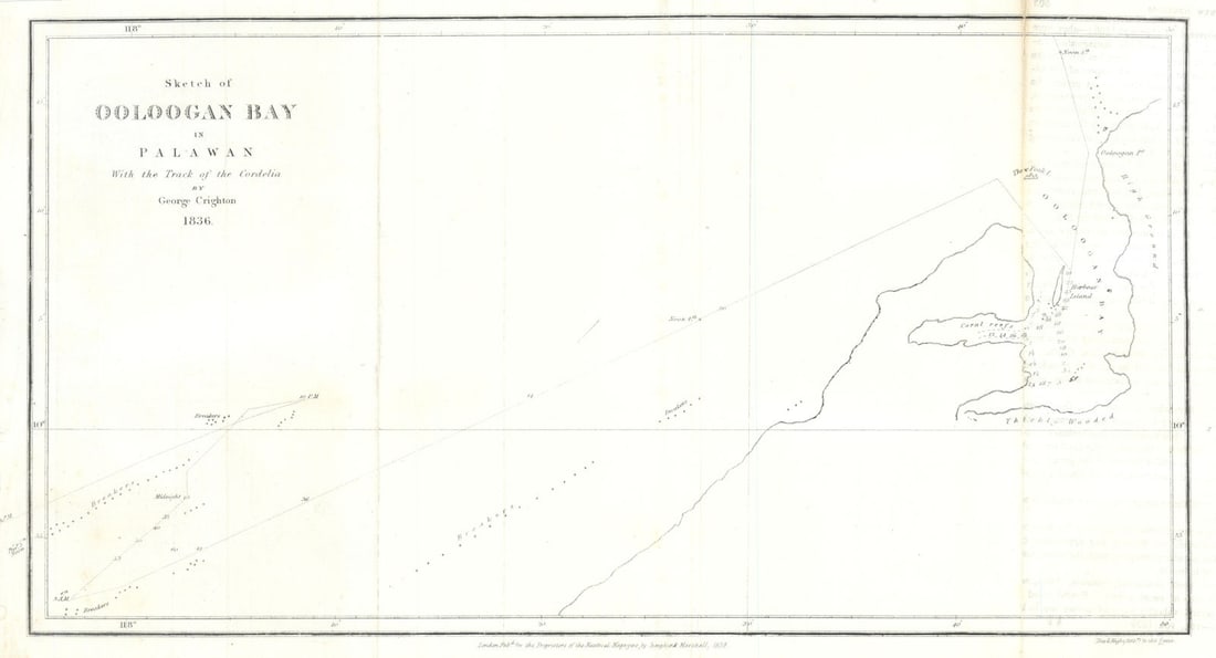 Ulugan / Oologan Bay in Palawan… track of the Cordelia — Philippines 1839 map: Sketch of Oologan Bay in Palawan with the Track of the Cordelia'. George Crighton 1836. Day & Haghe Lithrs. to the Queen. Published Dated 1836. Published 1839. Antique lithographic map. Size 20 x 37