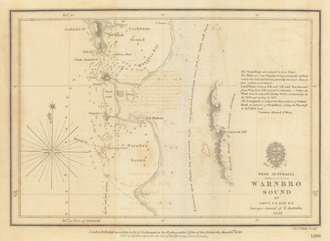 West Australia — Warnbro Sound by John Septimus Roe. Perth/Rockingham 1841 map: West Australia— Warnbro Sound'. The map shows the coast of what are now the southern suburbs of Perth, Western Australia, including Warnbro, Shoalwater, Mangles Bay, Cockburn Sound and Rockingha