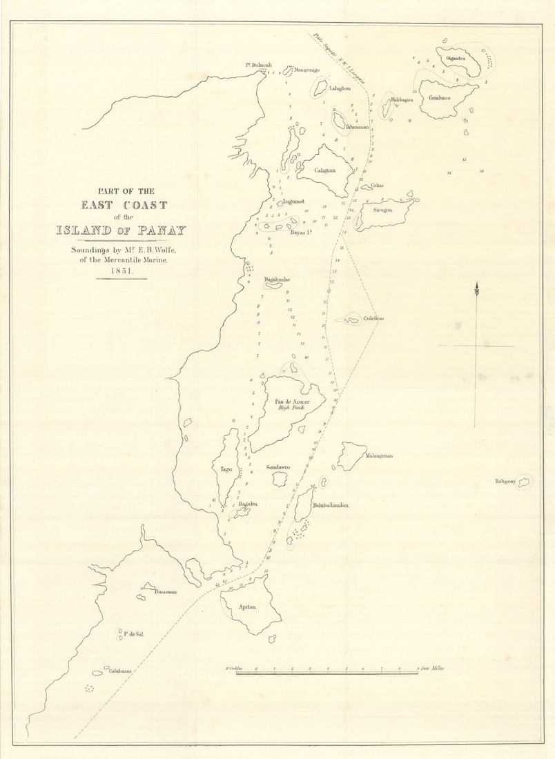 Part of the East Coast of Panay. Soundings by Mr EB Wolfe — Philippines 1852 map: Part of the East Coast of Panay'. Soundings by Mr. E. B. Wolfe, of the Mercantile Marine. Published 1852. Antique engraved map. Size 37 x 27 cm | 14.5 x 10.5 inches. Condition: Good; suitable for fram