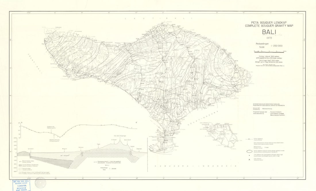 Bali—Complete Bouguer Gravity Map – Geological Survey of Indonesia 1972: Complete Bouguer Gravity Map—Bali'. Compiled by Mohamad Untung. Field observations by Purnomo Kridoharto and R. M. Budijarto (Meteorological and Geophysical Agency).. Published 1972. Large