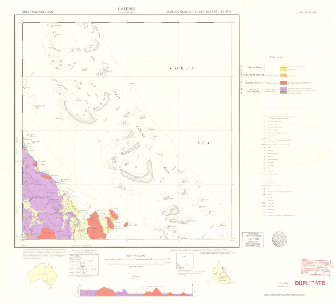 Cairns—Geological Survey of Queensland—Sheet SE 55-2—Great Barrier Reef 1964 map: Cairns – Queensland – 1:250,000 Geological Series Sheet SE 55-2'. Geology and Compilation by R.S.H. Fardon, F. de Keyser, F.H. Peniguel. Drawn by Queensland Aerial Survey Company Pty., Ltd