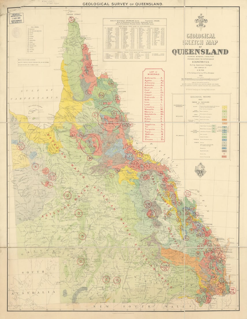 Geological Sketch Map of Queensland showing the mineral localities—Dunstan 1906: Geological Sketch Map of Queensland showing the mineral localities'. Prepared under the supervision of Benjamin Dunstan, F.G.S., Acting Government Geologist, and compiled by H. W. Fox at the