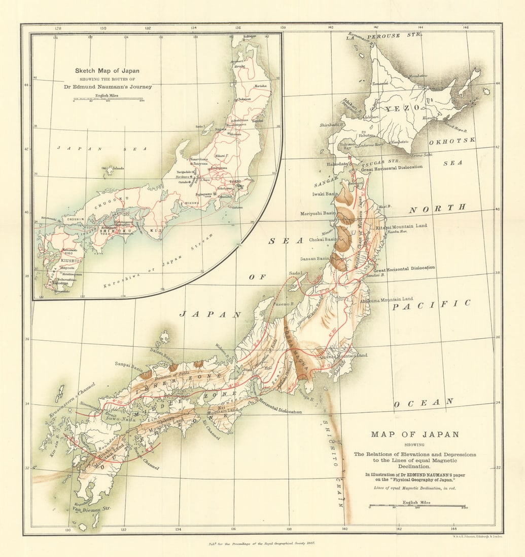 Japan showing lines of equal Magnetic Declination—H. Edmund Naumann—RGS 1887 map: Map of Japan, showing The Relations of Elevations and Depressions to the Lines of equal Magnetic Declination. In Illustration of Dr. Edmund Naumann’s paper on the “Physical Geography of