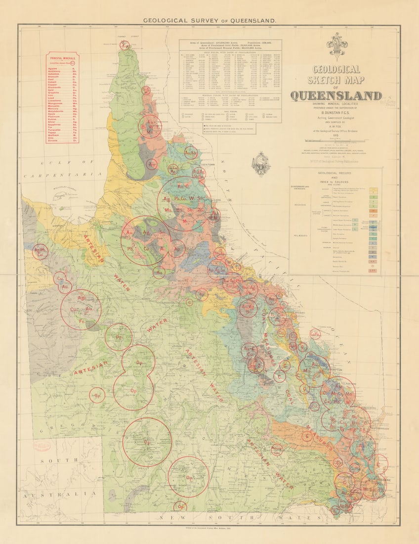 Geological Sketch Map of Queensland showing the mineral localities—Dunstan 1908: Geological Sketch Map of Queensland showing the mineral localities'. Prepared under the supervision of Benjamin Dunstan, F.G.S., Acting Government Geologist, and compiled by H. W. Fox at the