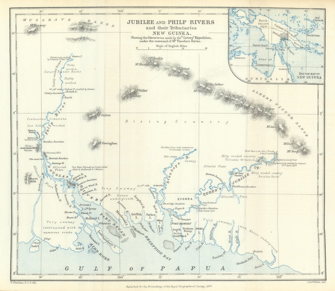 Jubilee & Philp Rivers—New Guinea—Victory Expedition—Theodore Bevan—RGS 1887: Jubilee and Philp Rivers and their Tributaries, New Guinea, showing the Discoveries made by the “Victory” Expedition, under the command of Mr. Theodore Bevan.'. This New Guinea river map