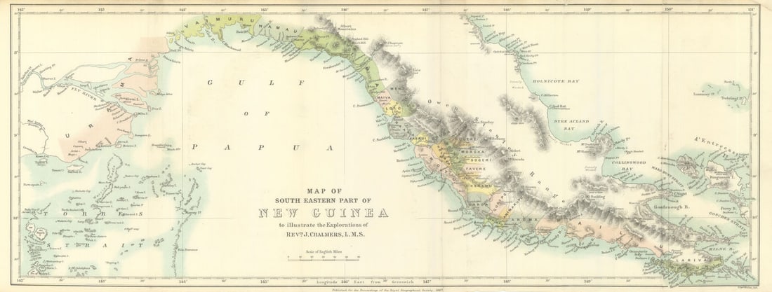 Map of South Eastern Part of New Guinea—James Chalmers Expedition—RGS 1887: Map of South Eastern Part of New Guinea, to illustrate the Explorations of Revd. J. Chalmers, L.M.S.'. A fine New Guinea exploration map centred on the work of Rev. James Chalmers of the London