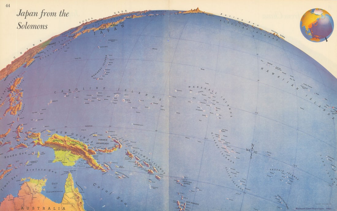Japan from the Solomons—Persuasive map—World War 2—Richard Edes Harrison 1944: Japan from the Solomons'. Harrison's "Japan from the Solomons" looks toward Japan from the hard-won Southwest Pacific. The perspective makes clear why the Solomons, New Guinea, the Carolines,