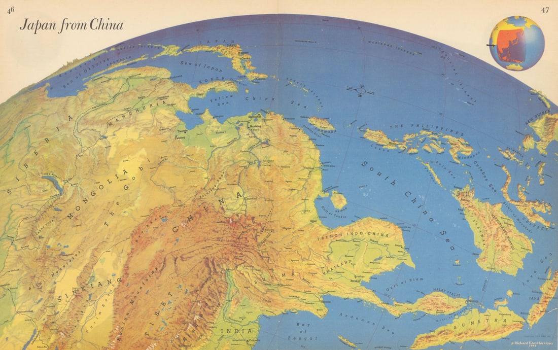 Japan from China—Persuasive map—World War 2—Richard Edes Harrison—Fortune: Japan from China'. Japan from China. Newly prepared for Harrison’s 1944 atlas and also reproduced in Fortune in December 1943, Japan from China presents East Asia from the continental side. The