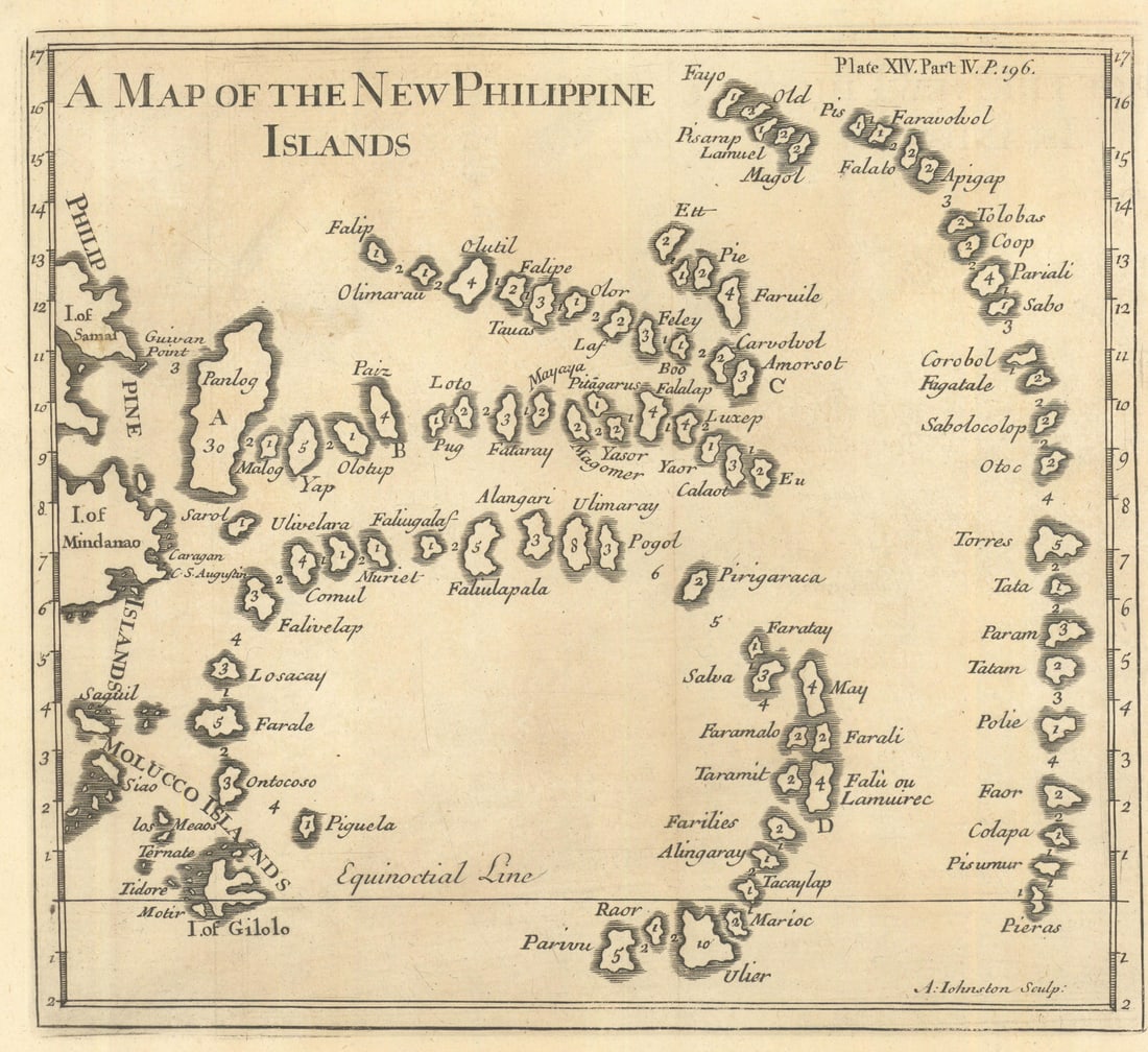 A Map of New Philippine Islands—Palau—Carolines—Micronesia—Andrew Johnston: A Map of the New Philippine Islands'. An early English map of the western Pacific, focused on island groups then loosely associated with the “New Philippines.” The plate reflects European