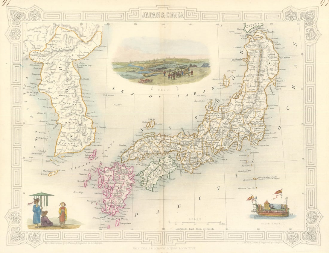JAPAN & COREA /Korea. Yedo (Tokyo) King-ki-Tao (Seoul). TALLIS & RAPKIN 1851 map: Japan & Corea'. Tokyo and Seoul are both marked o the map under their historic names of Yedo & King-ki-Tao respectively. Vignettes: Yedo; Coreans; State Barge. Marked on the map is Rondeholm