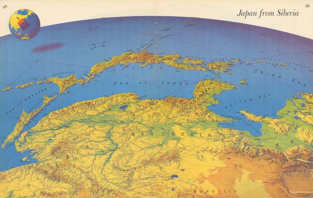 Japan from Siberia—Persuasive map—World War 2—Richard Edes Harrison—Fortune: Japan from Siberia'. Published for the first time in 1944, Japan from Siberia presents the northern continental threat to Japan and the reciprocal vulnerability of Soviet territory. The Soviet Union