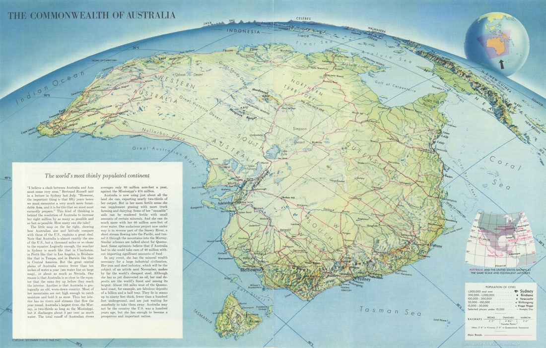 The Commonwealth of Australia—Persuasive map—Richard Edes Harrison 1950: The Commonwealth of Australia'. Harrison’s oblique map and accompanying text frame Australia less as a remote continent than as a strategic outpost facing Asia. Citing Bertrand Russell’s