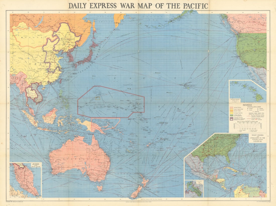 Daily Express War Map of the Pacific showing Japanese occupation countries 1941 (1 of 1)