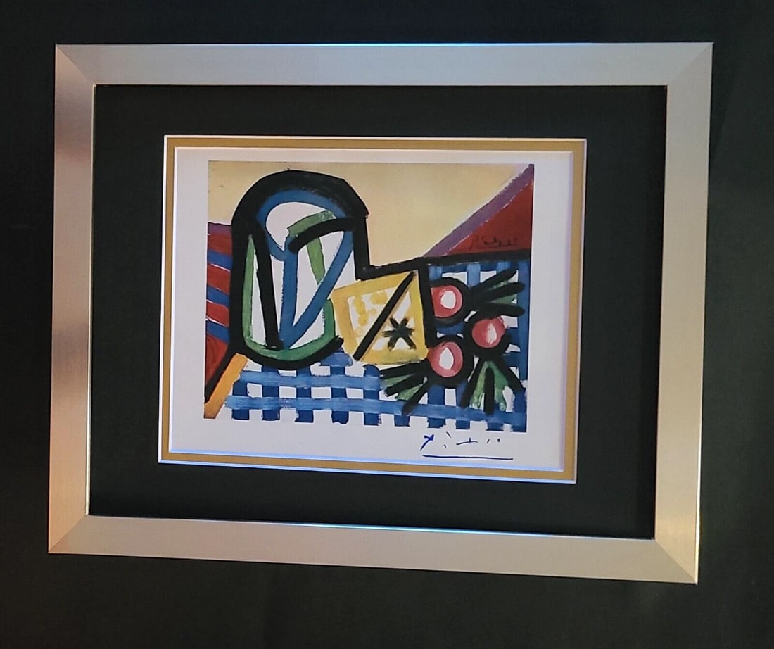 PABLO PICASSO BEAUTIFUL 1948 SIGNED SCARCE PRINT MATTED AND FRAMED: This is a Beautiful and Scarce 1948 Print After PABLO PICASSO " Still Life " FACSIMILE SIGNED IN INK Print is about 10x8 in. Matted and Framed covering an area of 15x12 in. Printed in Beautiful Paper