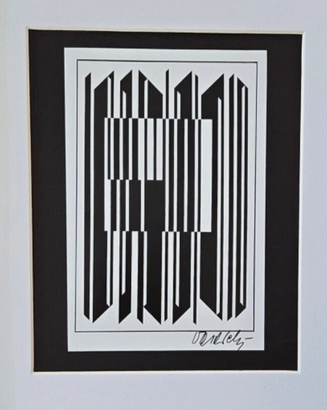 VICTOR VASARELY + SIGNED GEOMETRIC ABSTRACT PRINT FROM 1970s NEW FRAME 14x11in. - 2
