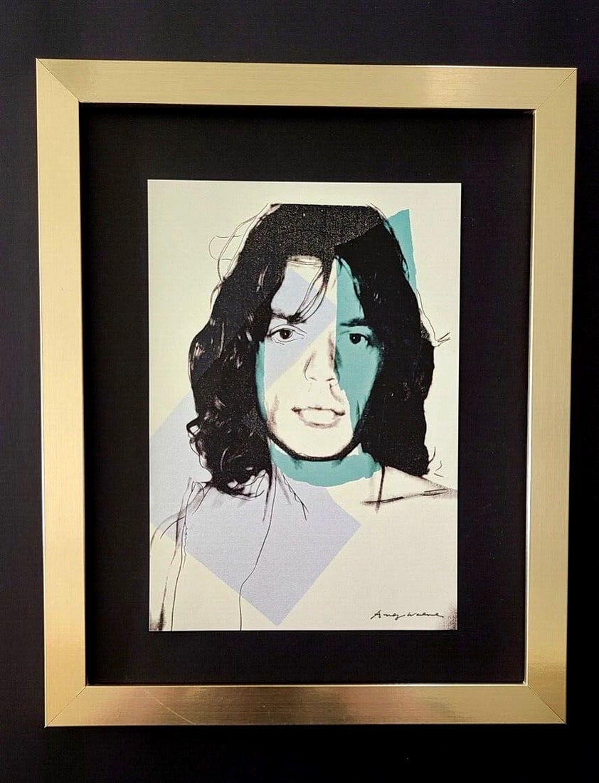 ANDY WARHOL + SIGNED 1984 "MICK JAGGER" PRINT MOUNTED & FRAMED: This is a Stunning and Scarce 1984 Print after Andy Warhol "MICK JAGGER" from - His Pop Art Collection- Facsimile Signed in Ink Mounted on an acid free black board 14x11in. It comes with a Brand New F