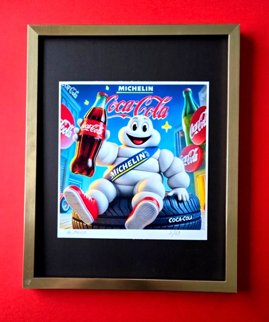 AIDAN FLUX | Hand Signed Original Print Framed LtdEd COA "COCA COLA & MICHELIN ": This is a Stunning and Scarce 100% Authentic New Print by Aidan Flux AIDAN Flux represents a new wave of artists who embrace technology as a partner in creation, crafting works that resonate with the