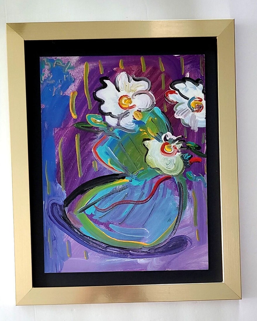 PETER MAX + FLOWERS POP ART + 1990'S SIGNED PRINT + NEW GOLDEN FRAME: We have for Sale this Print After PETER MAX AWESOME VINTAGE PRINT ON GLOSSY PAPER SIGNED ON THE PLATE FULL OF COLOR PRINT SIZE OF THE PRINT IS ABOUT : 10 X 8 in FRAME COVERS AN AREA OF 15 X 12 in MOUN