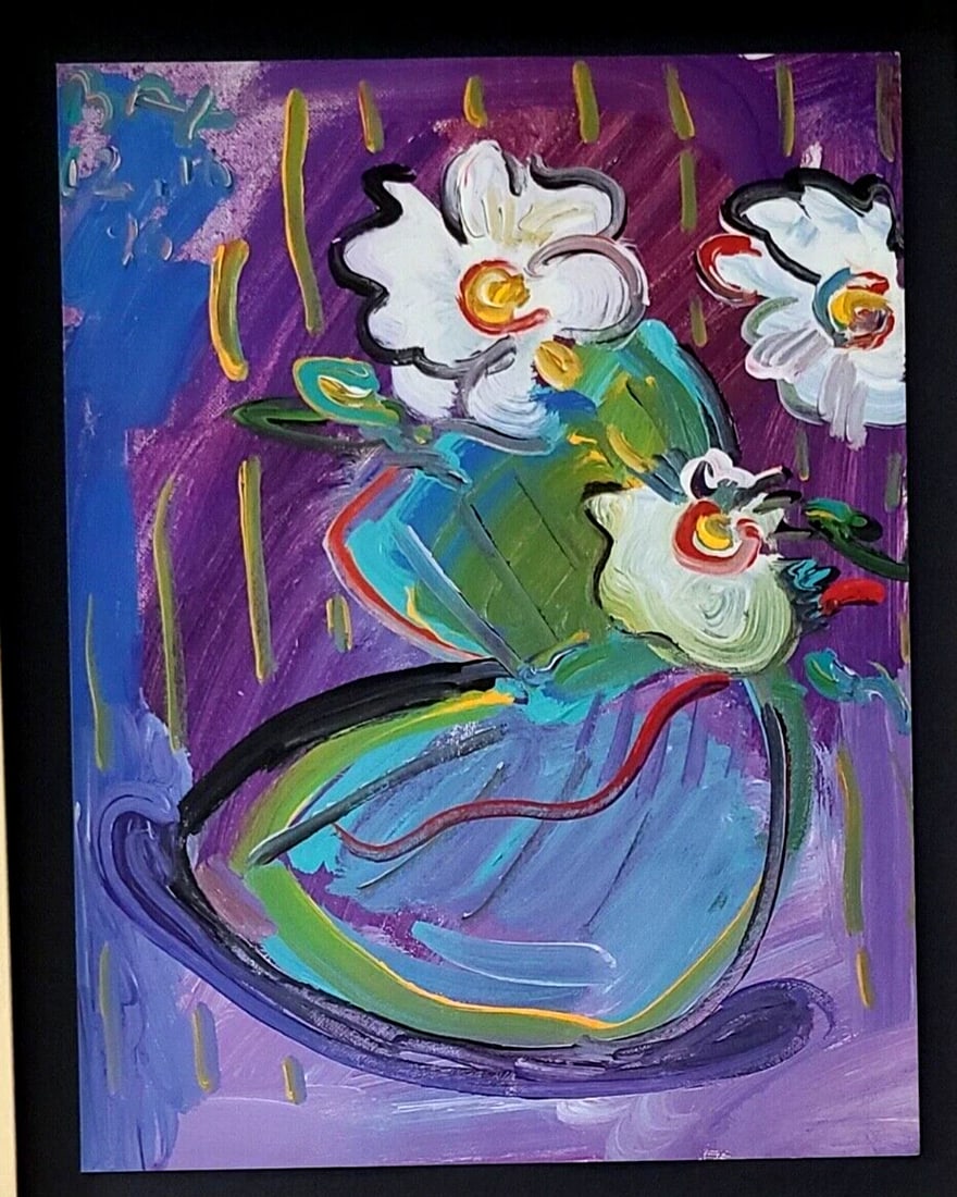 PETER MAX + FLOWERS POP ART + 1990'S SIGNED PRINT + NEW GOLDEN FRAME - 2