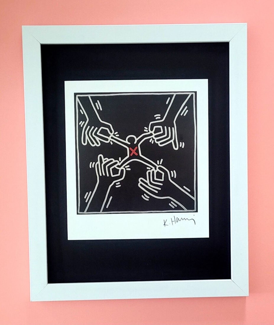 KEITH HARING + VINTAGE 1989 PRINT SIGNED MOUNTED AND FRAMED: This is a Beautiful and Scarce Vintage 1989 Print after Keith Haring FACSIMILE SIGNED IN INK Mounted in an 11x14in acid free blackboard and Framed covering an area of 15x12 in. Printed in Paper after 