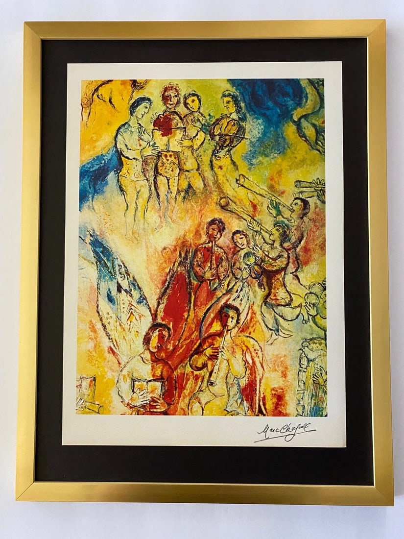 MARC CHAGALL + 1971 BEAUTIFUL SIGNED PRINT FROM FRANCE + BALLET + FRAMED: This is a Beautiful 1971 Lithographic Print After MARC CHAGALL from the Series " Chagall at the Met" FACSIMILE SIGNED IN INK Size is about 12 X 9 in. Printed in Paper by the Iconic Imprimerie Mourlot 