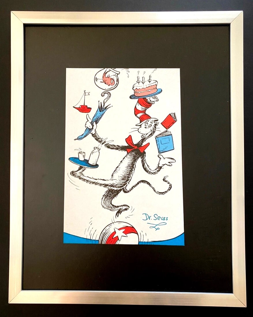 DR. SEUSS + SIGNED " CAT IN THE HAT " PRINT FRAMED: This is a Beautiful and Scarce Print after Dr. Seuss " Cat in the Hat " FACSIMILE SIGNED IN INK Print is about 6x7in. Mounted and Framed covering an area of 15x12 in. Printed in Bond Paper after the
