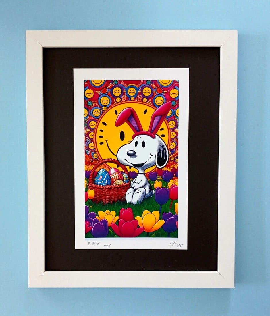 AIDAN FLUX | Hand Signed Original Print Framed | Ltd. Ed. of 100 | COA Snoopy: This is a Stunning and Scarce 100% Authentic New Print by Aidan Flux AIDAN Flux represents a new wave of artists who embrace technology as a partner in creation, crafting works that resonate with the