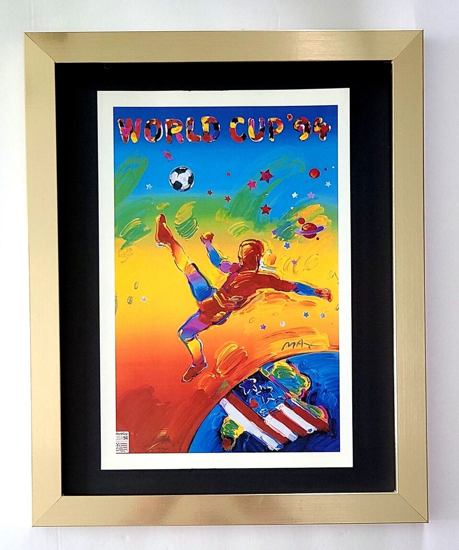 PETER MAX + SOCCER WORLD CUP 1994 + 1990'S SIGNED PRINT + NEW GOLDEN FRAME: We have for Sale this Print After PETER MAX AWESOME VINTAGE PRINT ON GLOSSY PAPER SIGNED ON THE PLATE FULL OF COLOR PRINT SIZE OF THE PRINT IS ABOUT : 10 X 8 in FRAME COVERS AN AREA OF 15 X 12 in